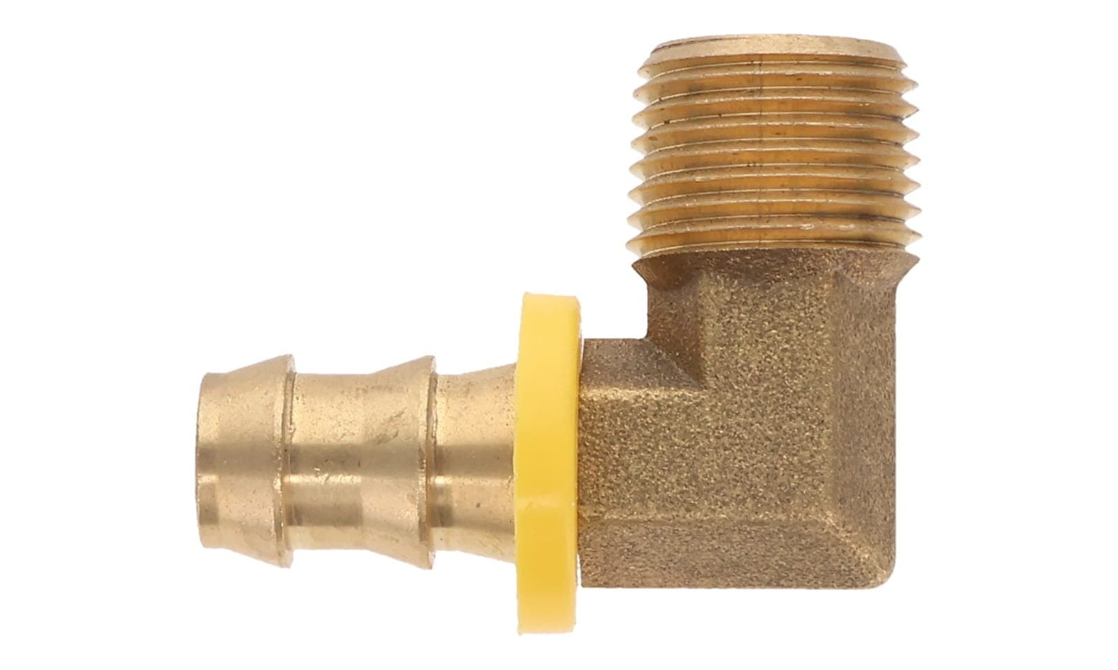 Brass push-lock hose barb × NPTF male 90° elbow, top view