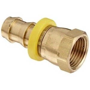 Brass push-lock hose barb × NPSM female swivel, ball seat, angled view