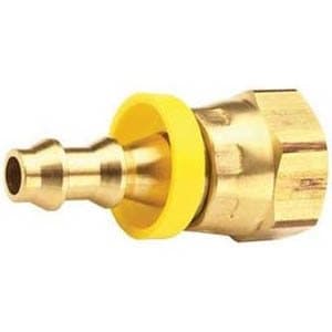 Brass push-lock hose barb × NPSM female swivel, gasket seal, angled view