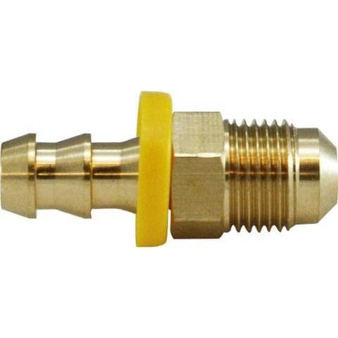 Brass push-lock hose barb × SAE 45° flare male, angled view