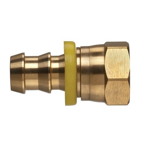 Brass push-lock hose barb × SAE 45° flare female swivel, angled view