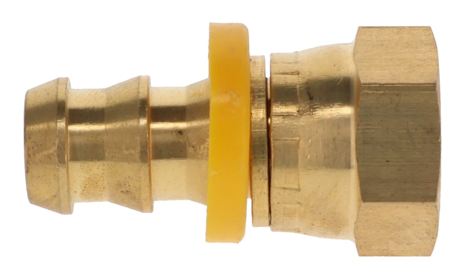 Brass push-lock hose barb × dual-seat female swivel (SAE 45° / JIC 37°), side view