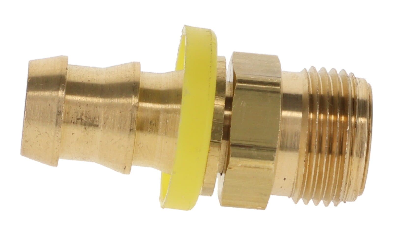 Brass push-lock hose barb × inverted flare male swivel, side view