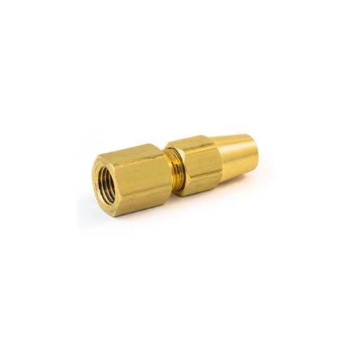 Brass air brake × NPTF female connector for copper tubing, angled view