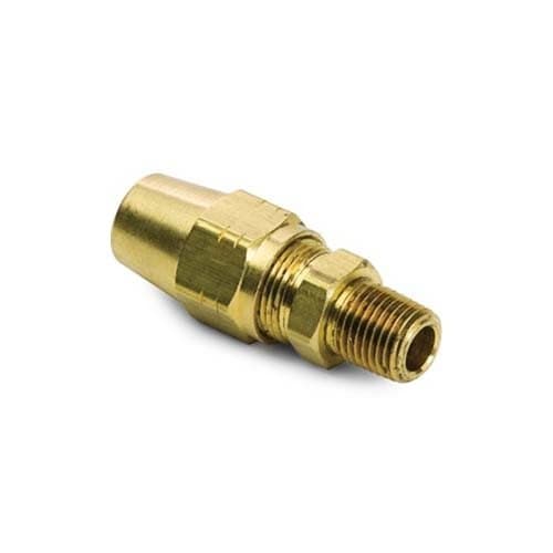 Brass air brake × NPTF male connector for copper tubing, angled view