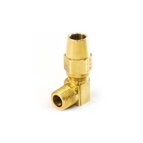 Brass air brake × NPTF male 90° elbow for copper tubing, angled view