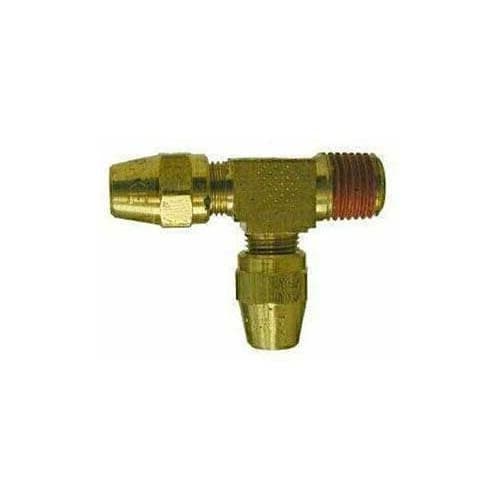Brass air brake × NPTF male run tee for copper tubing, angled view
