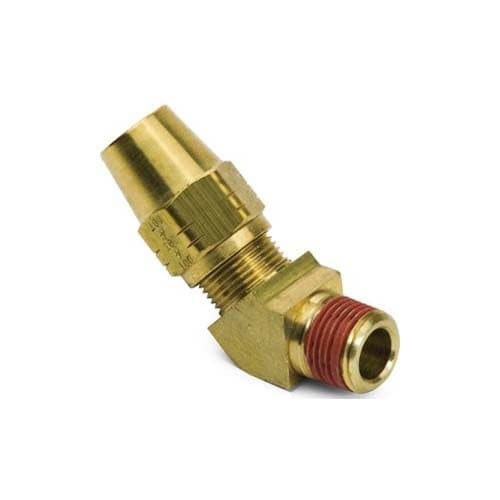 Brass air brake × NPTF male 45° elbow for copper tubing, angled view