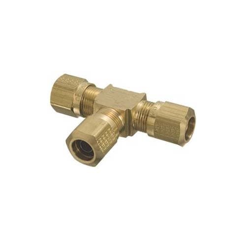Brass air brake union tee for nylon tubing, angled view