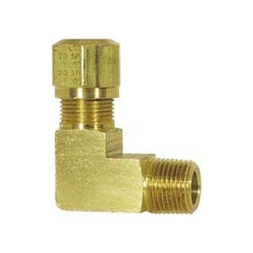Brass air brake × NPTF male 90° elbow, long for nylon tubing, angled view