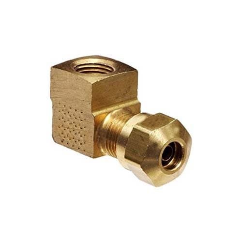 Brass air brake × NPTF female 90° elbow for nylon tubing, angled view
