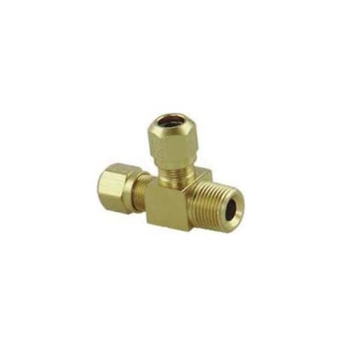 Brass air brake × NPTF male run tee for nylon tubing, angled view