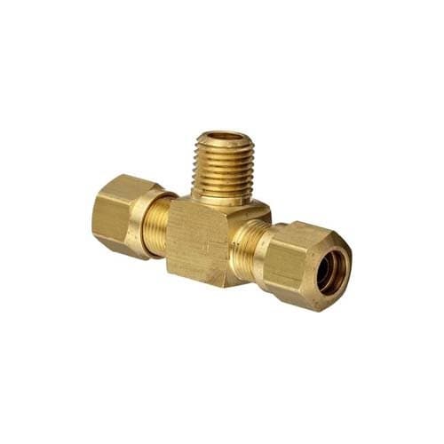 Brass air brake × NPTF male branch tee for nylon tubing, angled view