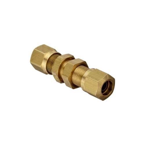 Brass air brake bulkhead union for nylon tubing, angled view