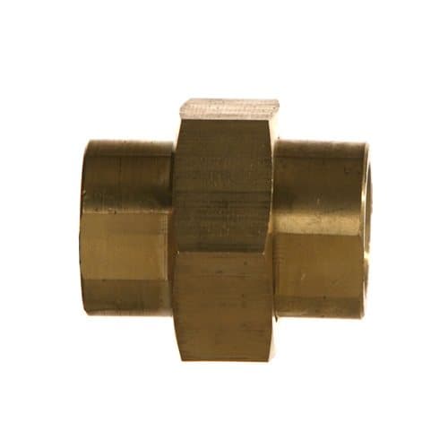 Brass NPTF female pipe union, angled view