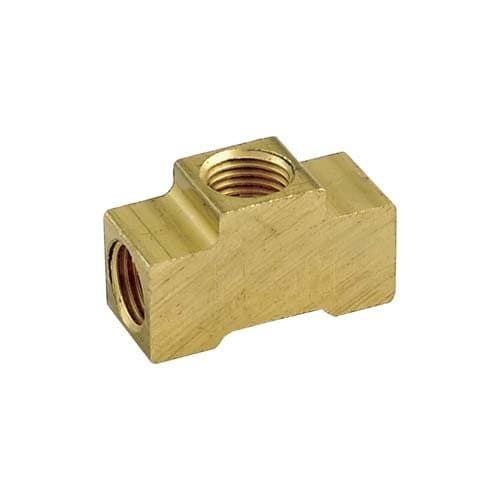 Brass inverted flare union tee, angled view
