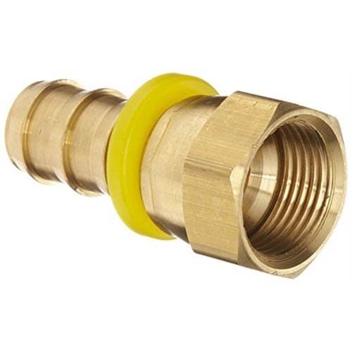 Brass push-lock hose barb × JIC 37° female swivel, angled view