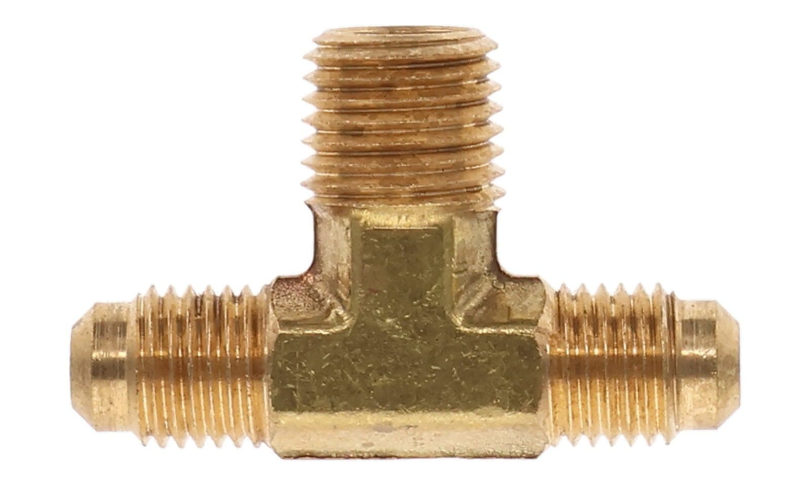 Brass SAE 45° flare × NPTF male branch tee, top view