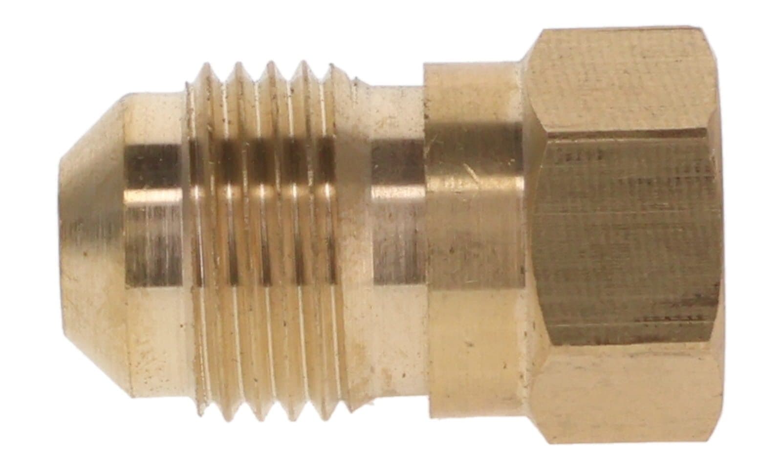Brass SAE 45° flare male × NPTF female connector, side view