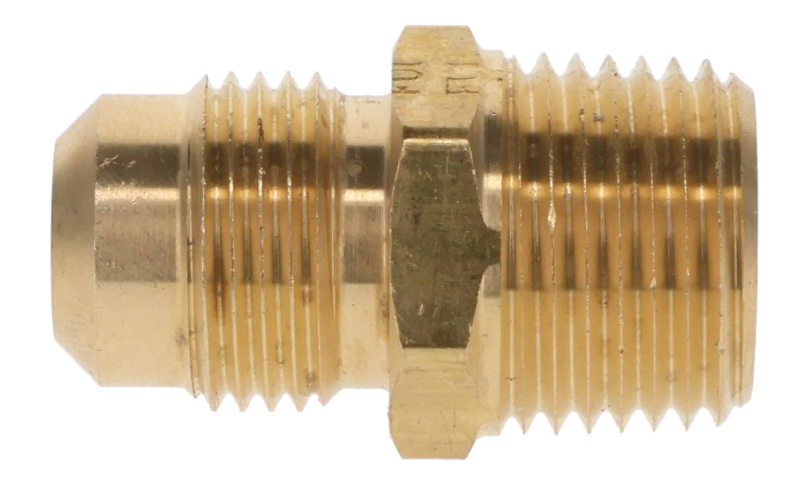 Brass SAE 45° flare male × NPTF male connector, side view