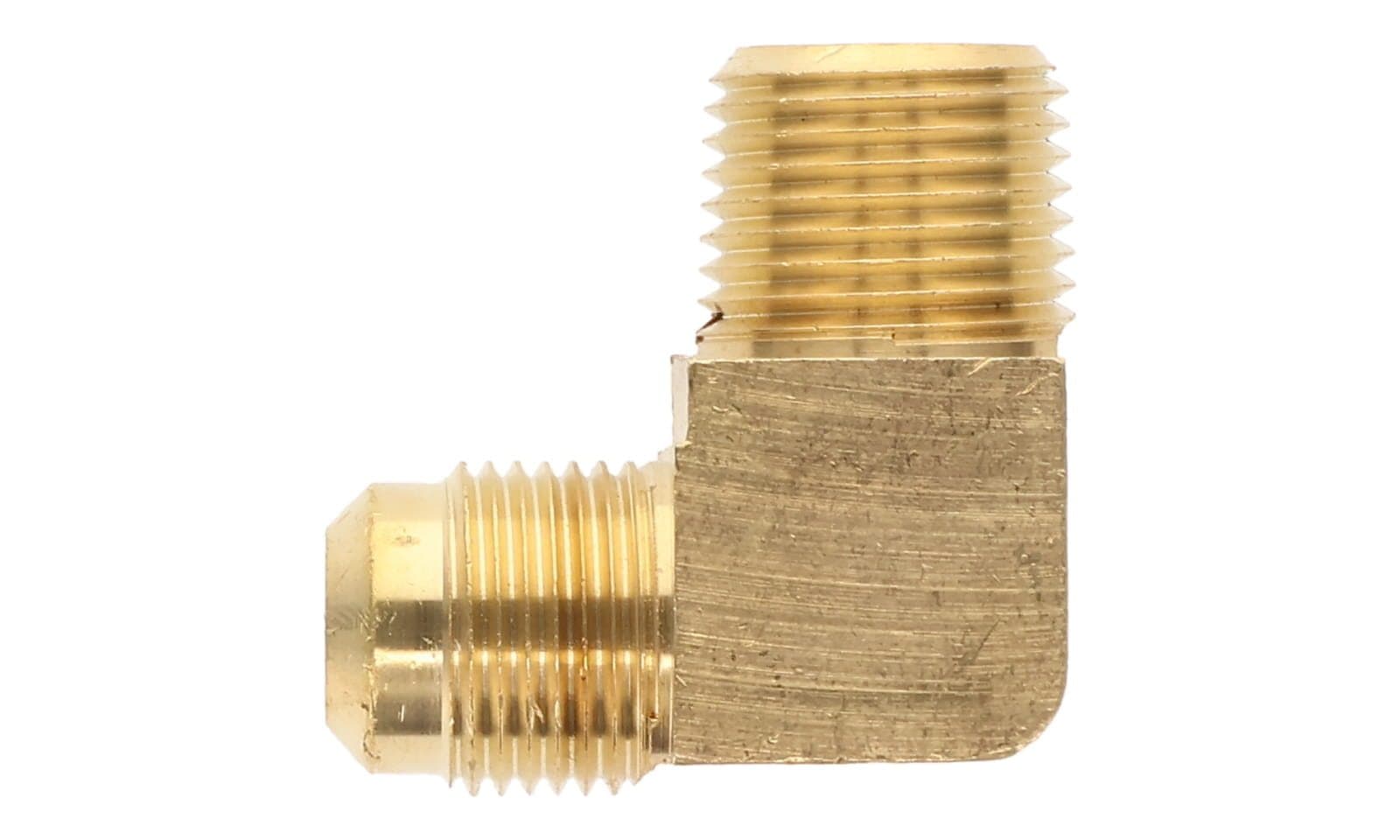Brass SAE 45° flare male × NPTF male 90° elbow, top view