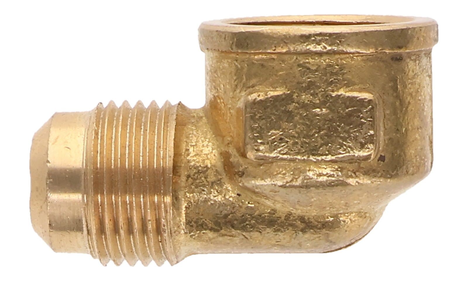 Brass SAE 45° flare male × NPTF female 90° elbow, top view