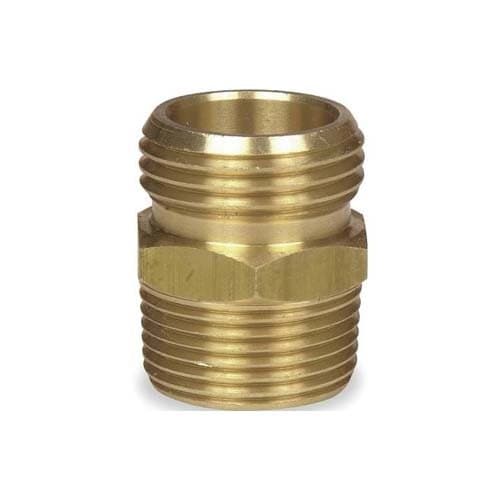 Brass garden hose male × NPTF male adapter, angled view