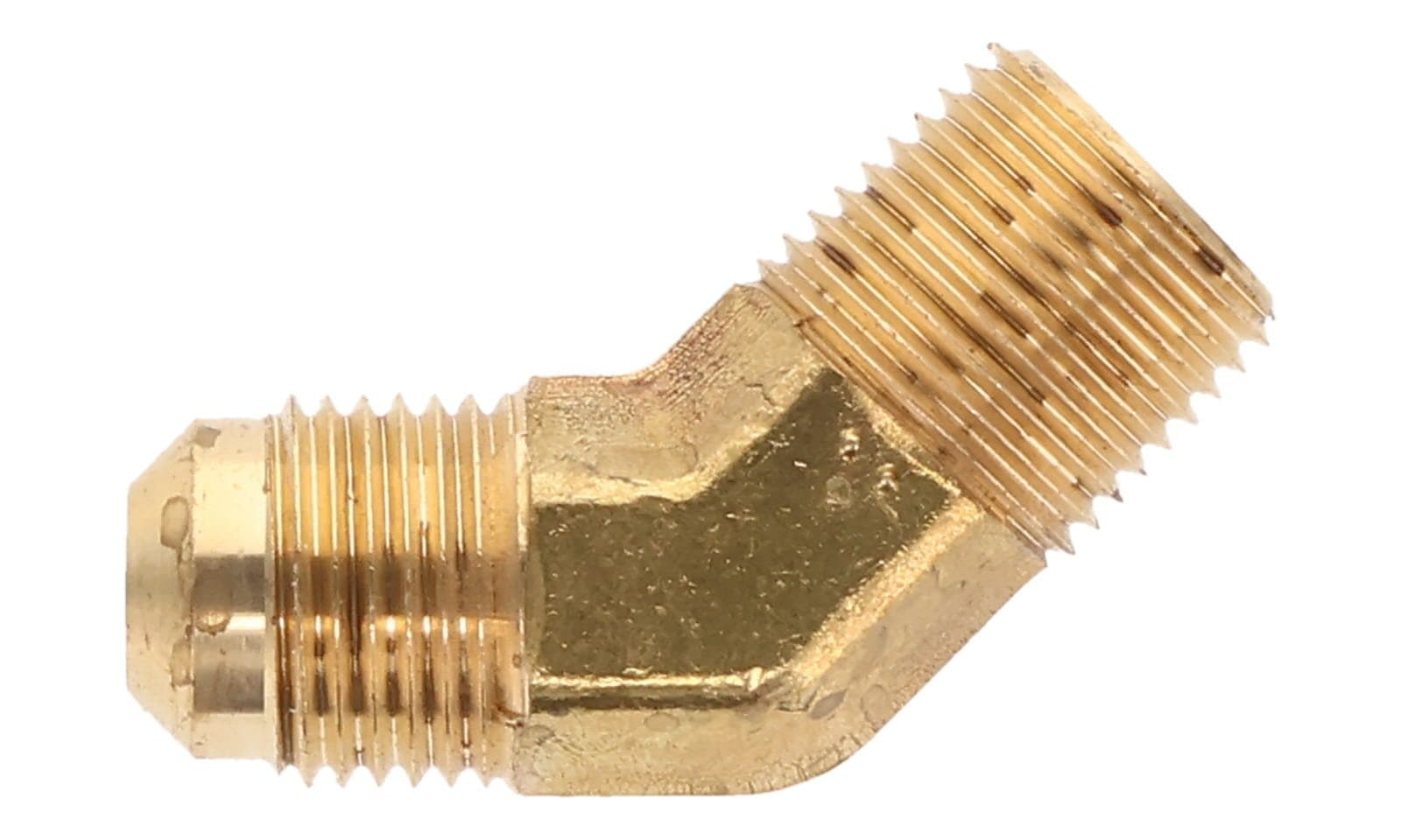 Brass SAE 45° flare male × NPTF male 45° elbow, top view