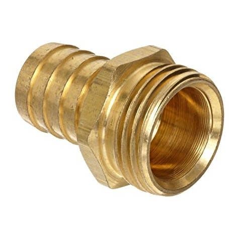Brass push-lock hose barb × garden hose male, angled view