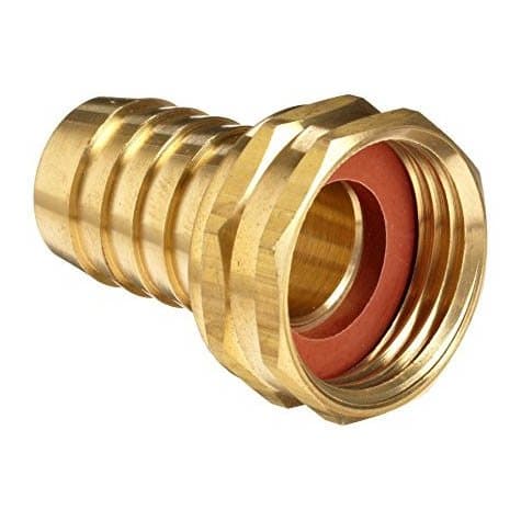 Brass push-lock hose barb × garden hose female swivel, angled view