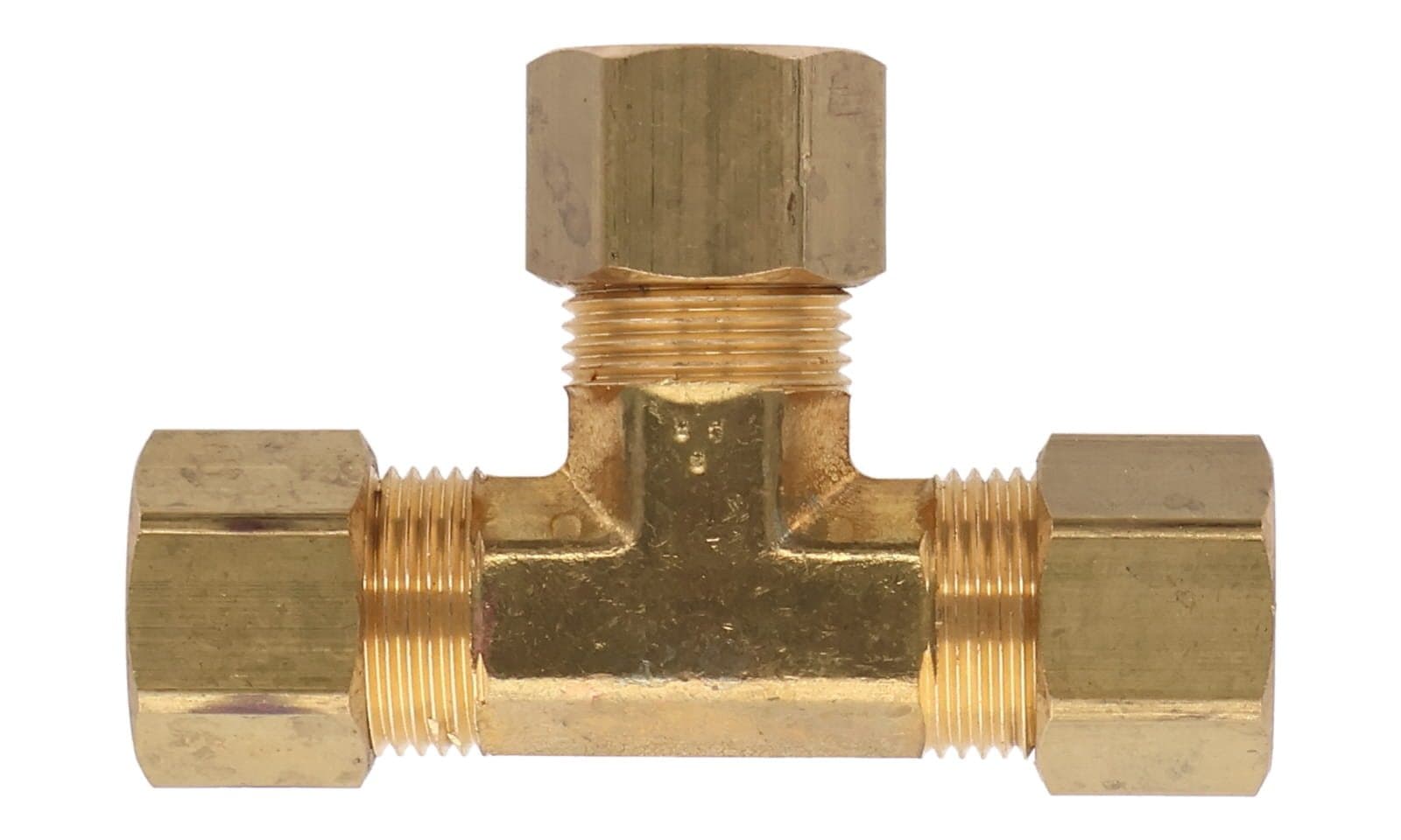 Brass compression union tee, top view