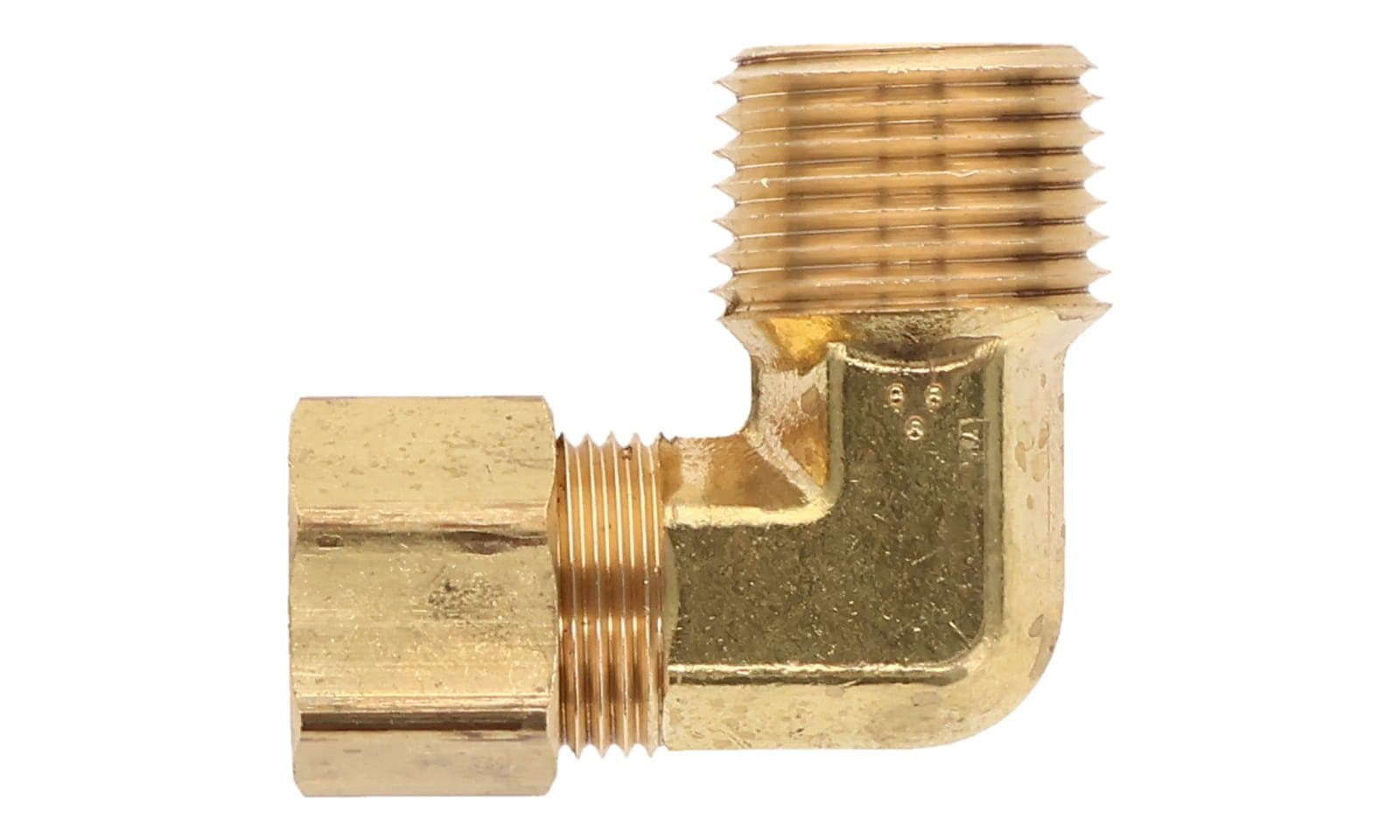 Brass compression × NPTF male 90° elbow, top view