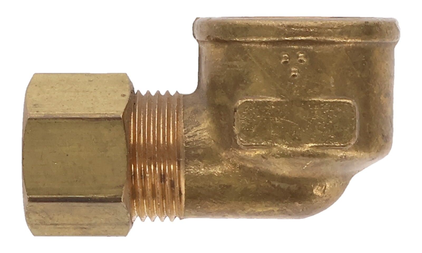 Brass compression × NPTF female 90° elbow, top view