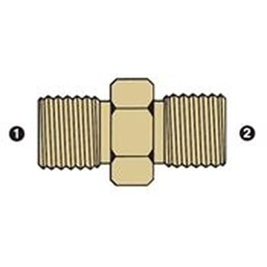 Line drawing of the brass BSPP male × BSPP male adapter, ends numbered as in the size table
