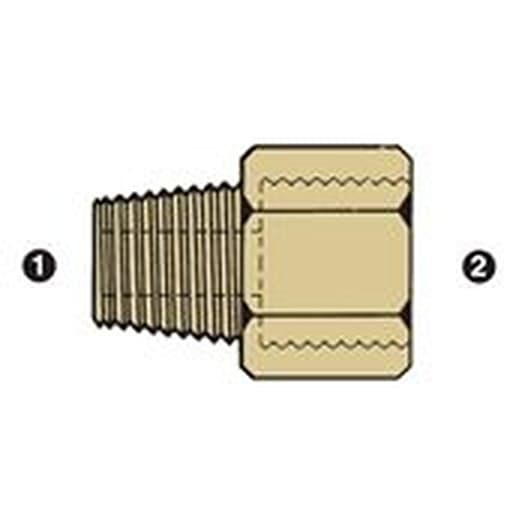 Line drawing of the brass NPT male × BSPT female adapter, ends numbered as in the size table