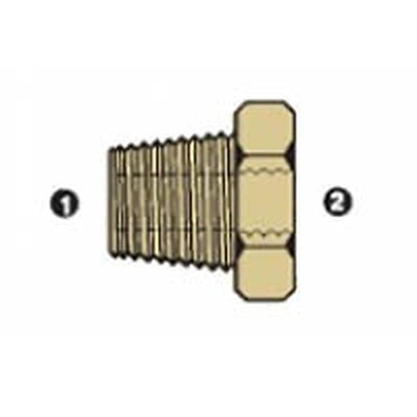 Line drawing of the brass BSPT male × BSP female adapter, ends numbered as in the size table
