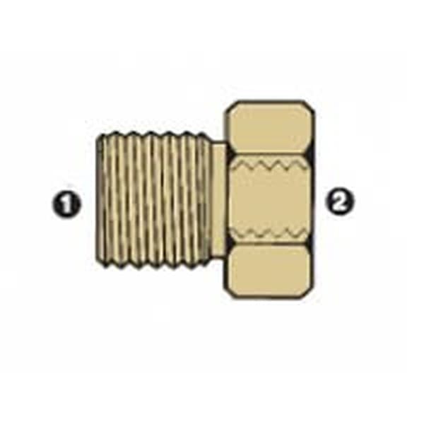 Line drawing of the brass BSPP male × BSP female bushing, ends numbered as in the size table