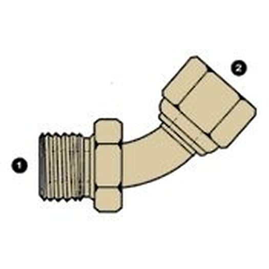 Line drawing of the brass BSPT male × BSPT female 45° elbow, ends numbered as in the size table