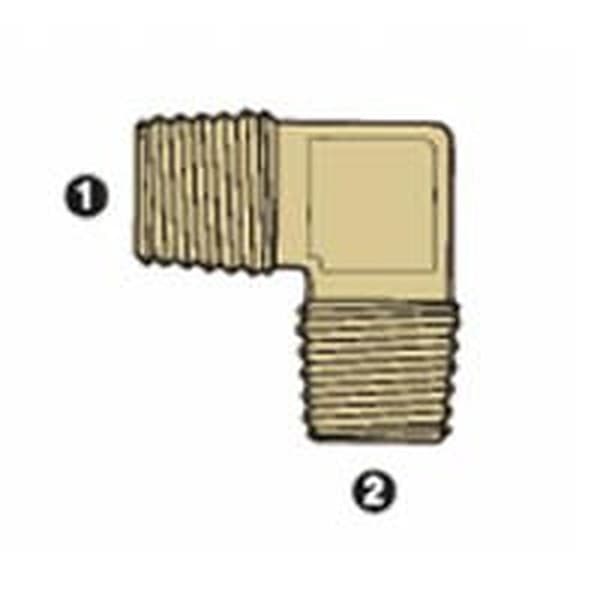 Line drawing of the brass BSPT male 90° elbow, ends numbered as in the size table