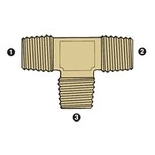 Line drawing of the brass BSPT male tee, ends numbered as in the size table