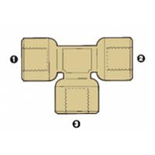 Line drawing of the brass BSP female tee, ends numbered as in the size table