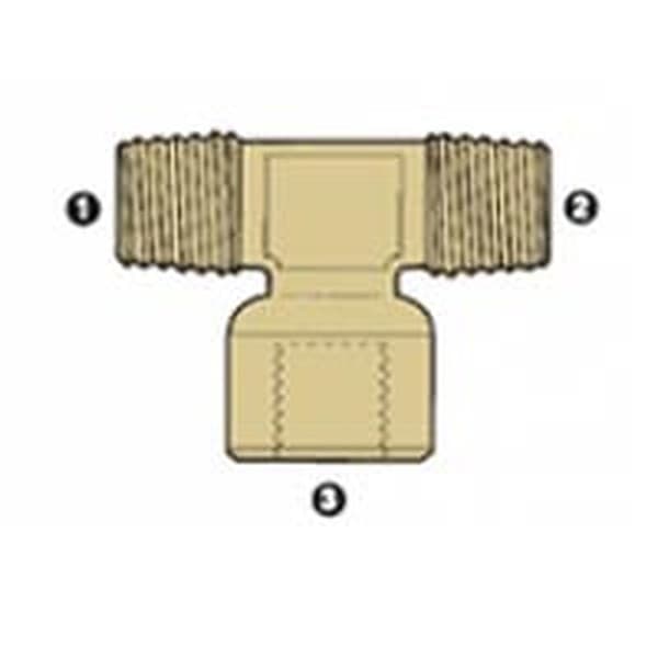Line drawing of the brass BSPT male × BSP female branch tee, ends numbered as in the size table