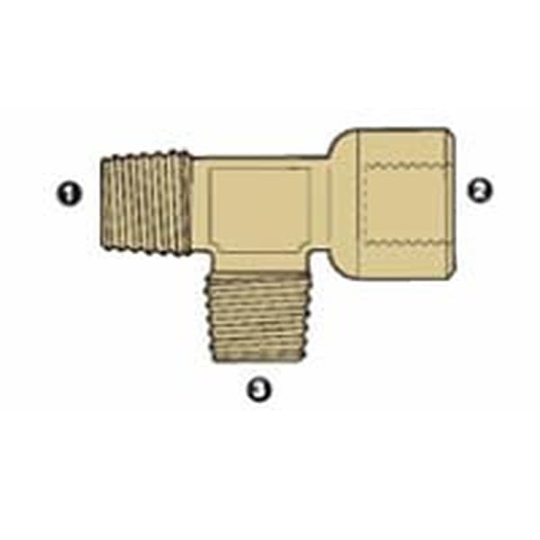 Line drawing of the brass BSPT male × BSP female run tee, ends numbered as in the size table