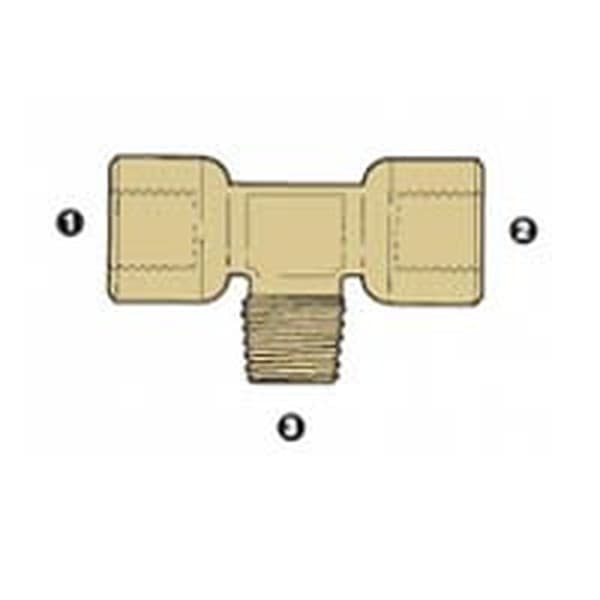 Line drawing of the brass BSP female × BSPT male branch tee, ends numbered as in the size table