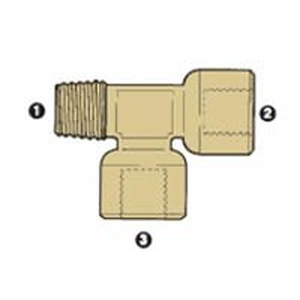 Line drawing of the brass BSP female × BSPT male run tee, ends numbered as in the size table