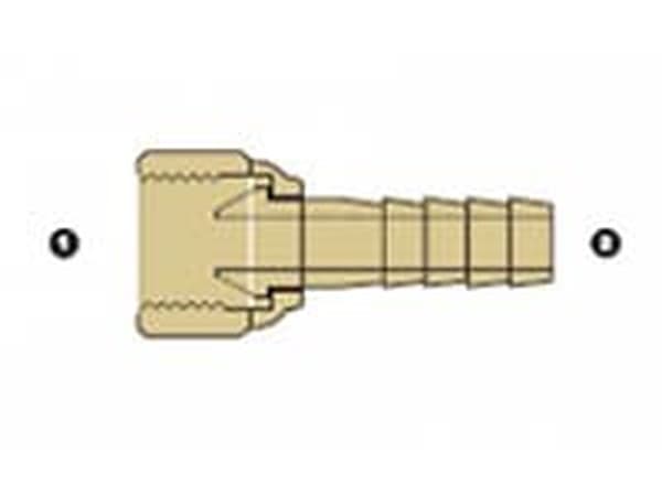 Line drawing of the brass BSPP female swivel × push-lock hose barb, ends numbered as in the size table