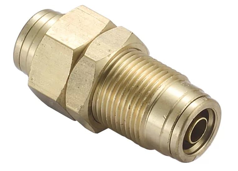 Brass DOT push-in air brake bulkhead union, angled view