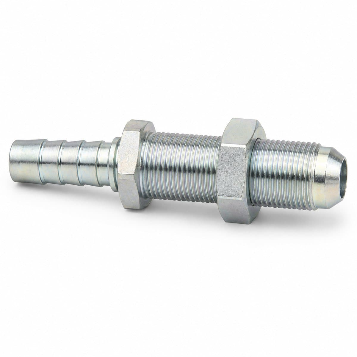 BSP male 60° cone bulkhead hose fitting, long threaded body with locknut and crimp tail