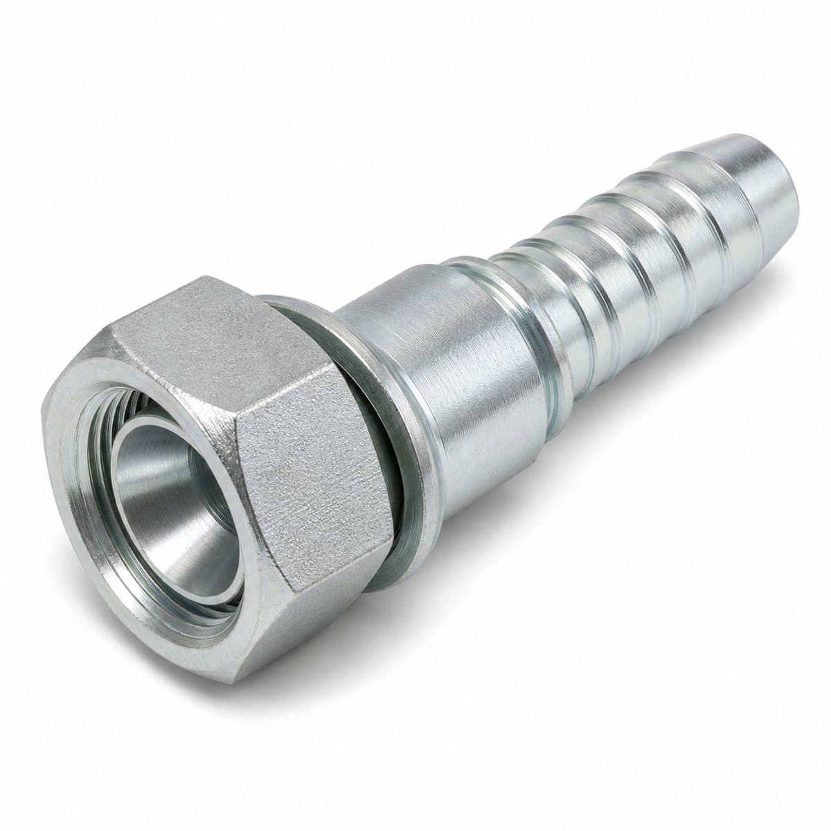 Straight DIN metric female swivel hose fitting, 24° cone, heavy series (S), zinc-plated steel