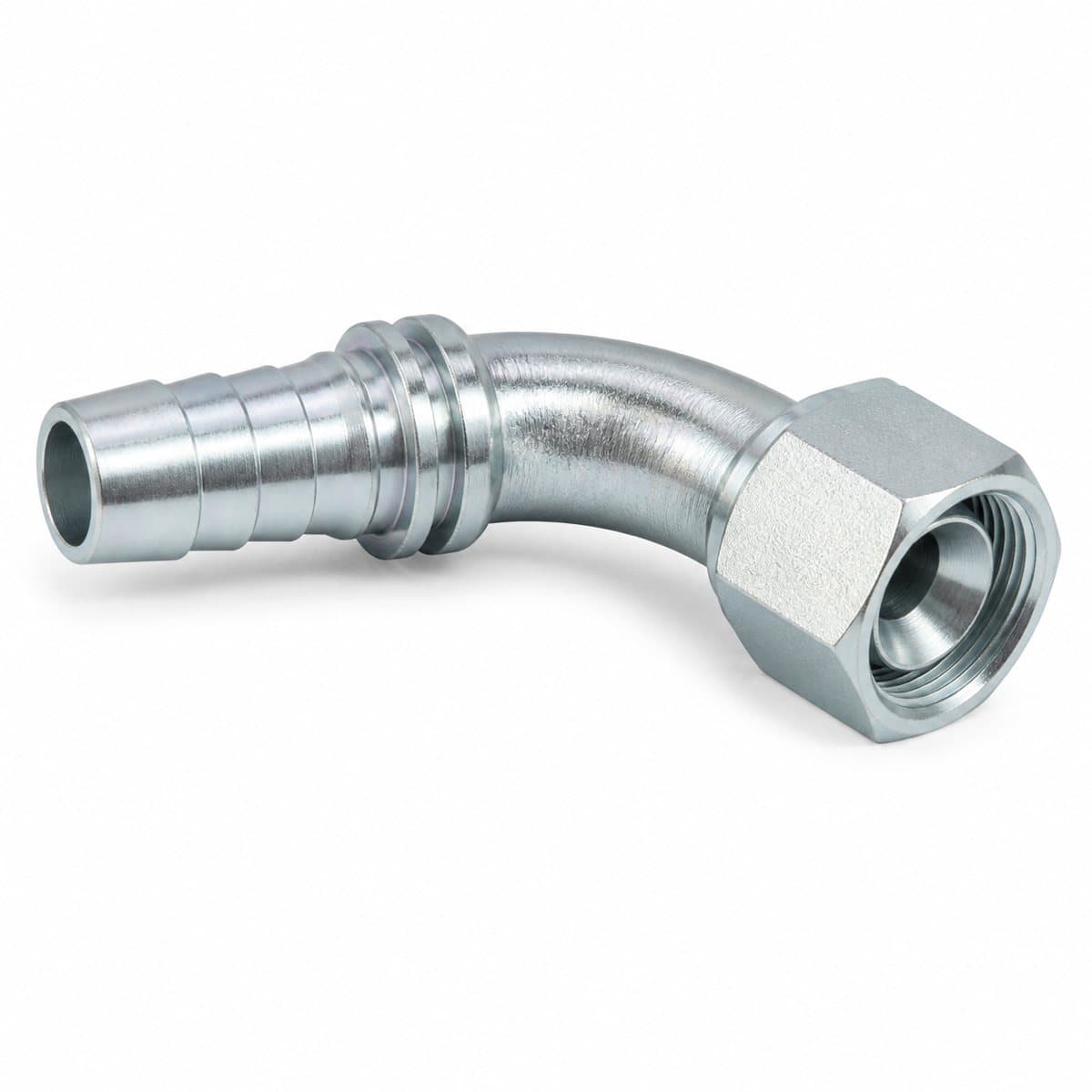 45° elbow DIN metric female swivel hose fitting, 24° cone, heavy series (S), zinc-plated steel